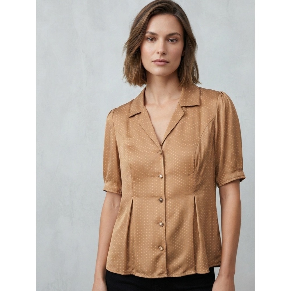 Rails Paola Polka Dot Satin Short Sleeve Button Down Blouse Tan Medium